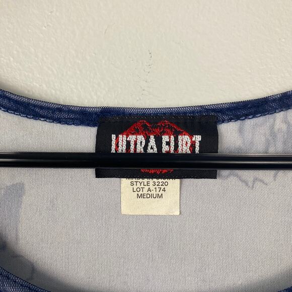 Ultra Flirt Y2K Vintage Empire Waist Mesh Floral Dress Lettuce Hem Navy Medium - Picture 4 of 8